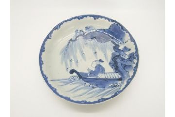 江戸期　古伊万里　染付　山水図　唐子　9.2寸皿　約28cm　ぷっくりとした愛らしい唐子図の大皿(九寸二分、和皿、和食器)(R-061797)