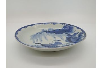 江戸期　古伊万里　染付　山水図　唐子　9.2寸皿　約28cm　ぷっくりとした愛らしい唐子図の大皿(九寸二分、和皿、和食器)(R-061797)