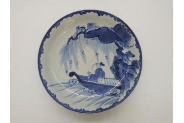 江戸期　古伊万里　染付　山水図　唐子　9.2寸皿　約28cm　ぷっくりとした愛らしい唐子図の大皿(九寸二分、和皿、和食器)(R-061797)