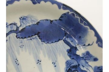 江戸期　古伊万里　染付　山水図　唐子　9.2寸皿　約28cm　ぷっくりとした愛らしい唐子図の大皿(九寸二分、和皿、和食器)(R-061797)