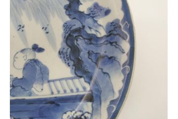 江戸期　古伊万里　染付　山水図　唐子　9.2寸皿　約28cm　ぷっくりとした愛らしい唐子図の大皿(九寸二分、和皿、和食器)(R-061797)
