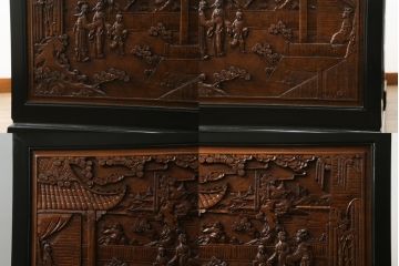 中国ビンテージ　オリエンタル　ふんだんにあしらわれた彫刻が圧倒的な存在感を放つデスクとチェアのセット(両袖デスク、両袖机、ワークデスク、在宅用、在宅ワーク、アームチェア、回転イス、椅子、ヴィンテージ、アジアン)(R-061798)