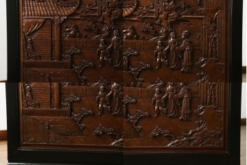 中国ビンテージ　オリエンタル　ふんだんにあしらわれた彫刻が圧倒的な存在感を放つデスクとチェアのセット(両袖デスク、両袖机、ワークデスク、在宅用、在宅ワーク、アームチェア、回転イス、椅子、ヴィンテージ、アジアン)(R-061798)