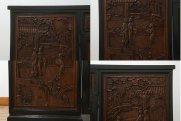 中国ビンテージ　オリエンタル　ふんだんにあしらわれた彫刻が圧倒的な存在感を放つデスクとチェアのセット(両袖デスク、両袖机、ワークデスク、在宅用、在宅ワーク、アームチェア、回転イス、椅子、ヴィンテージ、アジアン)(R-061798)