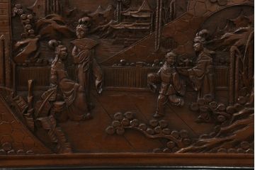 中国ビンテージ　オリエンタル　ふんだんにあしらわれた彫刻が圧倒的な存在感を放つデスクとチェアのセット(両袖デスク、両袖机、ワークデスク、在宅用、在宅ワーク、アームチェア、回転イス、椅子、ヴィンテージ、アジアン)(R-061798)