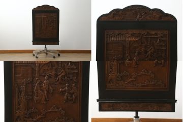 中国ビンテージ　オリエンタル　ふんだんにあしらわれた彫刻が圧倒的な存在感を放つデスクとチェアのセット(両袖デスク、両袖机、ワークデスク、在宅用、在宅ワーク、アームチェア、回転イス、椅子、ヴィンテージ、アジアン)(R-061798)