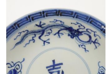 江戸期　古伊万里　大明年製　染付　龍　縁起物の絵図が目を惹く中皿5枚セット(寿字皿、雷紋、和食器)(R-061806)