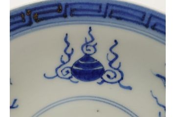 江戸期　古伊万里　大明年製　染付　龍　縁起物の絵図が目を惹く中皿5枚セット(寿字皿、雷紋、和食器)(R-061806)