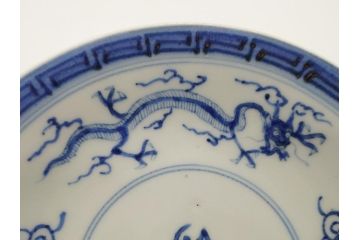 江戸期　古伊万里　大明年製　染付　龍　縁起物の絵図が目を惹く中皿5枚セット(寿字皿、雷紋、和食器)(R-061806)