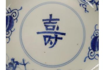 江戸期　古伊万里　大明年製　染付　龍　縁起物の絵図が目を惹く中皿5枚セット(寿字皿、雷紋、和食器)(R-061806)