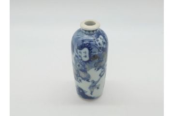 江戸〜明治　染付　極小　興味深い情景の絵付けが目を引く飾り壺(一輪挿し、鼻煙壺、壷、花器、人物、虎)(R-061808)