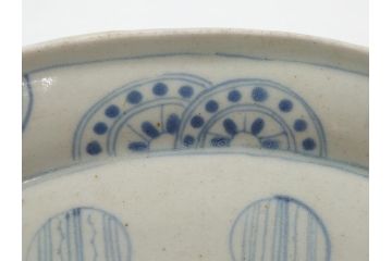 江戸期　古伊万里　染付　松竹梅文　7.6寸皿　約23cm　鞠の中に絵付けされた松竹梅が上品な扇皿(七寸六分、和皿、扇型、変形皿、和食器)(R-061810)