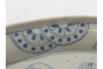 江戸期　古伊万里　染付　松竹梅文　7.6寸皿　約23cm　鞠の中に絵付けされた松竹梅が上品な扇皿(七寸六分、和皿、扇型、変形皿、和食器)(R-061810)
