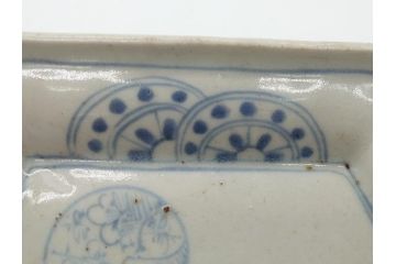 江戸期　古伊万里　染付　松竹梅文　7.6寸皿　約23cm　鞠の中に絵付けされた松竹梅が上品な扇皿(七寸六分、和皿、扇型、変形皿、和食器)(R-061810)