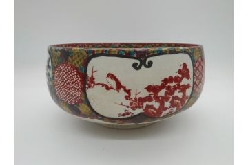 希少　上手物　江戸〜明治　九谷焼　二重角福　色絵　花鳥図　彩り鮮やかな絵付けに惹かれる9寸深鉢(松、梅、鳥、狸、人物、和食器)(R-061812)