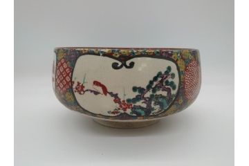 希少　上手物　江戸〜明治　九谷焼　二重角福　色絵　花鳥図　彩り鮮やかな絵付けに惹かれる9寸深鉢(松、梅、鳥、狸、人物、和食器)(R-061812)