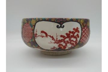 希少　上手物　江戸〜明治　九谷焼　二重角福　色絵　花鳥図　彩り鮮やかな絵付けに惹かれる9寸深鉢(松、梅、鳥、狸、人物、和食器)(R-061812)