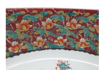 希少　上手物　江戸〜明治　九谷焼　二重角福　色絵　花鳥図　彩り鮮やかな絵付けに惹かれる9寸深鉢(松、梅、鳥、狸、人物、和食器)(R-061812)