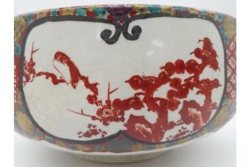 希少　上手物　江戸〜明治　九谷焼　二重角福　色絵　花鳥図　彩り鮮やかな絵付けに惹かれる9寸深鉢(松、梅、鳥、狸、人物、和食器)(R-061812)