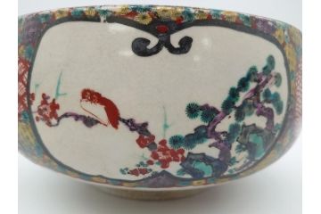 希少　上手物　江戸〜明治　九谷焼　二重角福　色絵　花鳥図　彩り鮮やかな絵付けに惹かれる9寸深鉢(松、梅、鳥、狸、人物、和食器)(R-061812)