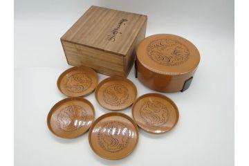 大正〜昭和初期　木製　漆器　菓子器揃(菓子鉢、4.6寸皿5枚、約14cm、共箱付き、創業五拾周年記念、帝國生命保険株式会社、漆工芸、和食器、和皿)(R-061813)