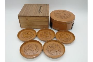 大正〜昭和初期　木製　漆器　菓子器揃(菓子鉢、4.6寸皿5枚、約14cm、共箱付き、創業五拾周年記念、帝國生命保険株式会社、漆工芸、和食器、和皿)(R-061813)