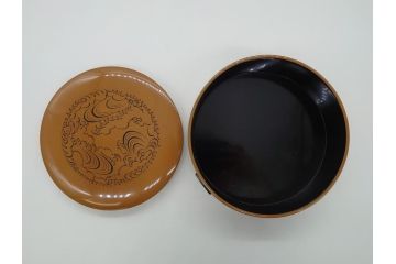 大正〜昭和初期　木製　漆器　菓子器揃(菓子鉢、4.6寸皿5枚、約14cm、共箱付き、創業五拾周年記念、帝國生命保険株式会社、漆工芸、和食器、和皿)(R-061813)