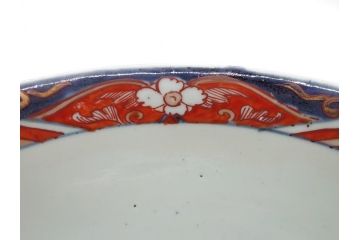 江戸期　古伊万里　色絵　染付　花盆文　朱色の多様な花絵が愛くるしい8寸深鉢(花籠文、和食器)(R-061816)