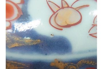 江戸期　古伊万里　色絵　染付　花盆文　朱色の多様な花絵が愛くるしい8寸深鉢(花籠文、和食器)(R-061816)