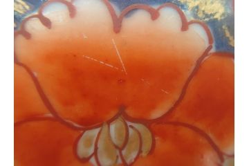 江戸期　古伊万里　色絵　染付　花盆文　朱色の多様な花絵が愛くるしい8寸深鉢(花籠文、和食器)(R-061816)