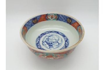 幕末　富長貴春(富貴長春)　金彩　色絵　染付　松竹梅文　華やかな色彩が目を惹く8.3寸深鉢(和食器)(R-061817)