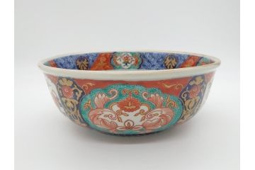 幕末　富長貴春(富貴長春)　金彩　色絵　染付　松竹梅文　華やかな色彩が目を惹く8.3寸深鉢(和食器)(R-061817)