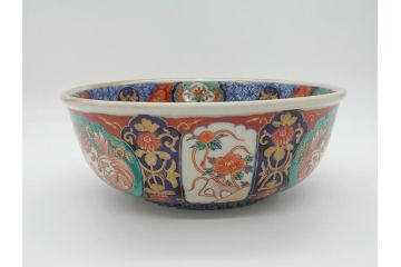幕末　富長貴春(富貴長春)　金彩　色絵　染付　松竹梅文　華やかな色彩が目を惹く8.3寸深鉢(和食器)(R-061817)