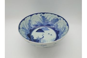 江戸期　古伊万里　大明年製　染付　山水図　9.2寸皿　約28cm　繊細な絵付けが美しい深鉢(九寸二分、和皿、深皿、和食器)(R-061818)