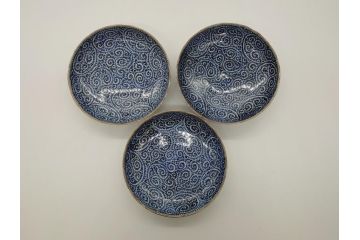 江戸期　古伊万里　宣徳年製　染付　変形　蛸唐草文　5寸皿　約15cm　総蛸唐草の絵付けに魅了される皿3枚セット(五寸、和皿、なます皿、和食器)(R-061819)