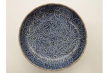 江戸期　古伊万里　宣徳年製　染付　変形　蛸唐草文　5寸皿　約15cm　総蛸唐草の絵付けに魅了される皿3枚セット(五寸、和皿、なます皿、和食器)(R-061819)