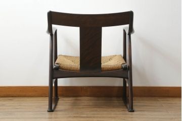 中古　松本民芸家具　#77型曲肘付きイス　#514型ラッシスツール　ラッシ座(ガマ座)がお洒落な曲肘イス+オットマンのセット(アームチェア、椅子、フットスツール)(R-061857)