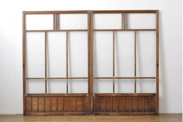 アンティーク建具　ゆらゆらガラス　昭和レトロな雰囲気漂うガラス戸2枚(引き戸、格子戸)(R-061858)