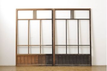 アンティーク建具　ゆらゆらガラス　昭和レトロな雰囲気漂うガラス戸2枚(引き戸、格子戸)(R-061859)