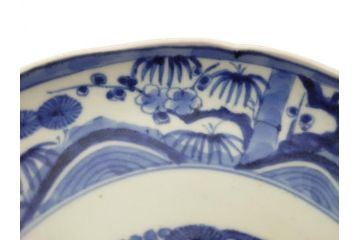江戸期　大明成化年製　古伊万里　染付　松竹梅文　7寸皿　約21.5cm　おめでたい吉祥文様を敷き詰めた皿2枚セット(七寸、和食器、和皿)(R-061868)