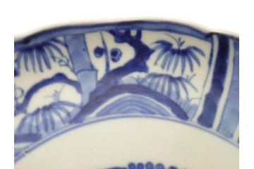 江戸期　大明成化年製　古伊万里　染付　松竹梅文　7寸皿　約21.5cm　おめでたい吉祥文様を敷き詰めた皿2枚セット(七寸、和食器、和皿)(R-061868)
