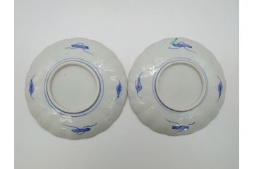 幕末期　古伊万里　金彩　色絵　花瓶文　7寸　約21cm　目にも鮮やかな色調の大皿2枚セット(花盆文、菊花型、輪花型、変形皿、和食器、和皿、七寸)(R-061872)