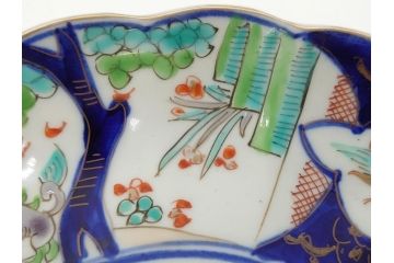 幕末期　古伊万里　金彩　色絵　花瓶文　7寸　約21cm　目にも鮮やかな色調の大皿2枚セット(花盆文、菊花型、輪花型、変形皿、和食器、和皿、七寸)(R-061872)