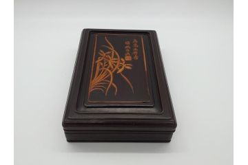 中国　古玩　唐木　紫檀　木製　象嵌　使い込むほどに深みが増してくる紫檀の硯箱(小箱、小物入れ、木箱)(R-061875)