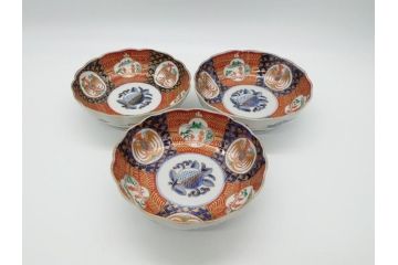 明治期　伊万里焼　錦手　金襴手　染錦　二重角富　金彩　色絵　桃図　5.8寸皿　約17.5cm　煌びやかで豪華な絵付けの深皿3枚セット(五寸八分、和皿、中皿、和食器)(R-061879)