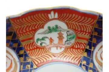 明治期　伊万里焼　錦手　金襴手　染錦　二重角富　金彩　色絵　桃図　5.8寸皿　約17.5cm　煌びやかで豪華な絵付けの深皿3枚セット(五寸八分、和皿、中皿、和食器)(R-061879)