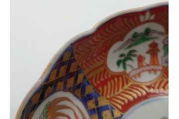 明治期　伊万里焼　錦手　金襴手　染錦　二重角富　金彩　色絵　桃図　5.8寸皿　約17.5cm　煌びやかで豪華な絵付けの深皿3枚セット(五寸八分、和皿、中皿、和食器)(R-061880)