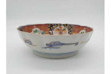 明治期　伊万里焼　錦手　金襴手　染錦　二重角富　金彩　色絵　桃図　5.8寸皿　約17.5cm　煌びやかで豪華な絵付けの深皿3枚セット(五寸八分、和皿、中皿、和食器)(R-061881)