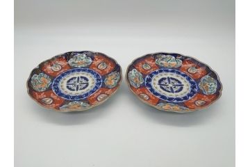 明治期　富長貴春(富貴長春)　伊万里　金襴手　金魚に花図　6.8寸皿　約20.5cm　色彩豊かで食卓に華やぎをもたらす皿2枚セット(六寸八分、和食器、和皿)(R-061883)
