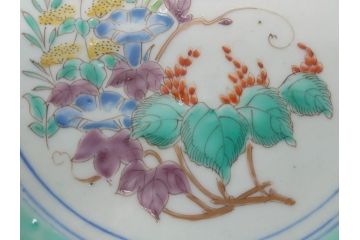江戸期　太明成化年製　古伊万里　色絵　染付　竹林賢人図　7寸皿　約21　鮮やかな色彩が目を惹く皿3枚セット(七寸、葵口、輪花型、稜花型、唐子図、和食器、和皿)(R-061884)